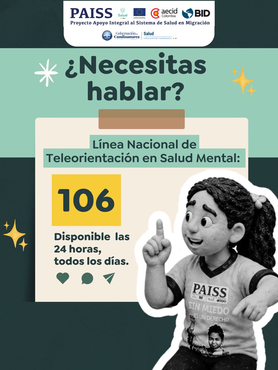 SecSaludCundi's tweet photo. Hablar también es cuidarte 🗣️. Reconocer tus emociones no es debilidad: es el primer paso para recuperar el equilibrio. Es momento de hablar. Busca orientación profesional hoy.

Acude a tu EPS o comunícate con las líneas de atención en salud mental de tu territorio.
📱Línea nacional: 106
#PAISSaludYMigración proyecto de  @MinSaludCol 🤝 @UEenColombia y @AECIDColombia