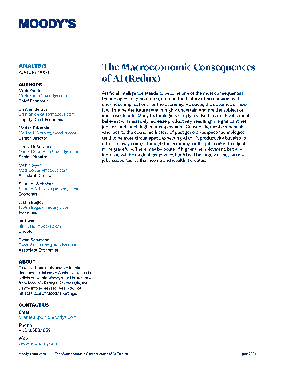 int_mon_econ's tweet photo. Highly relevant!

"The Macroeconomic Consequences of AI (Redux)" by Mark Zandi, Cristian deRitis, Marisa DiNatale, Dante DeAntonio, Matt Colyar, Shandor Whitcher, Justin Begley, Ilir Hysa, and Gwen Semmens.

"Artificial intelligence stands to become one of the most consequential technologies in generations, if not in the history of humankind, with enormous implications for the economy. However, the specifics of how it will shape the future remain highly uncertain and are the subject of immense debate. Many technologists deeply involved in AI’s development believe it will massively increase productivity, resulting in significant net job loss and much higher unemployment. Conversely, most economists who look to the economic history of past general-purpose technologies tend to be more circumspect, expecting AI to lift productivity but also to diffuse slowly enough through the economy for the job market to adjust more gracefully. There may be bouts of higher unemployment, but any increase will be modest, as jobs lost to AI will be largely offset by new jobs supported by the income and wealth it creates."

https://t.co/L3jPtH8eSS
