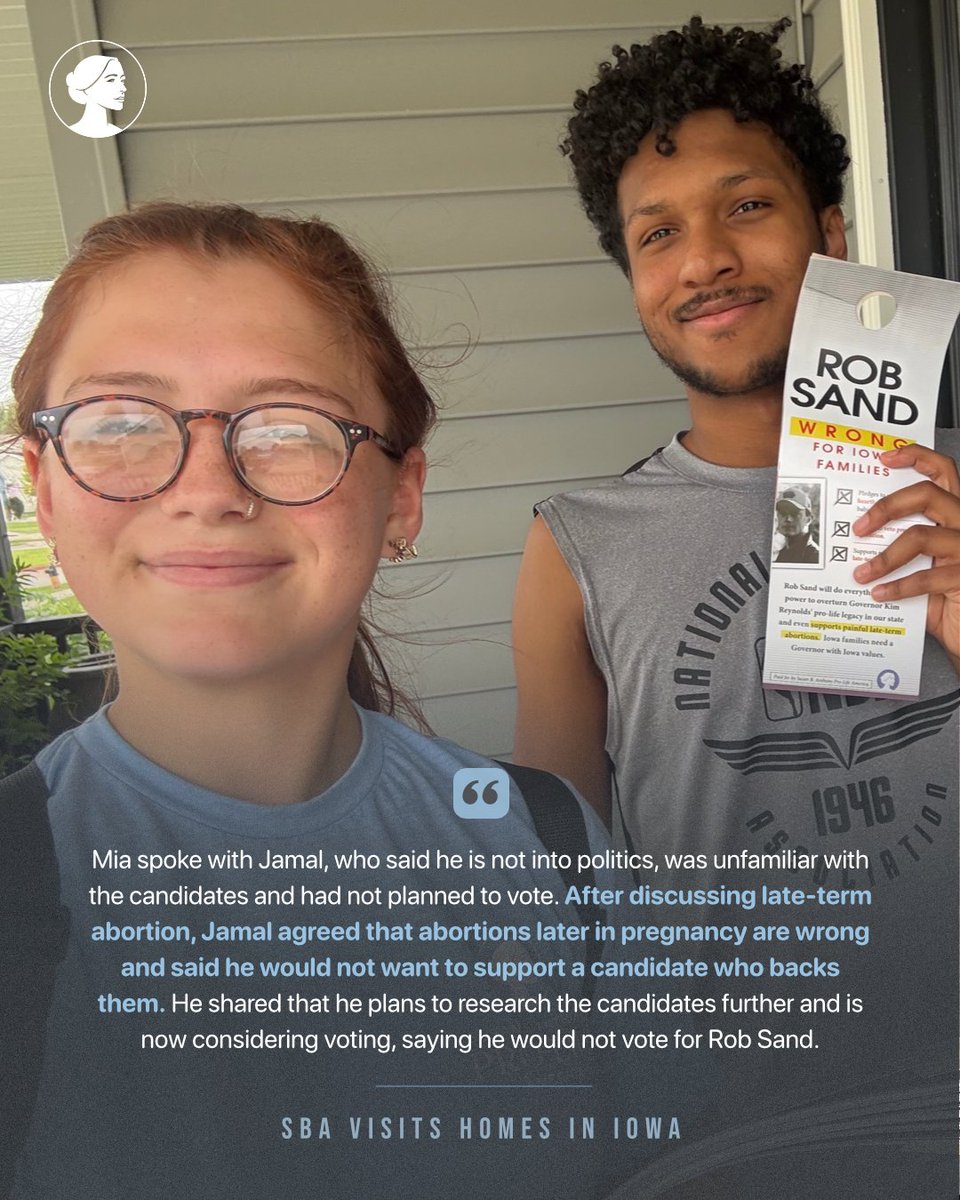 sbaprolife's tweet photo. 100,000 homes visited so far in Iowa and countless minds opened to the truth about abortion!

We’ve met Democrats, Republicans, and voters who weren’t even planning to vote. We’ve seen voters reconsider candidates they once supported, discover they actually agree with limits on late-term abortion, and become motivated to make their voices heard.

This is why we visit homes.

100,000 down & we’re just getting started.🇺🇸