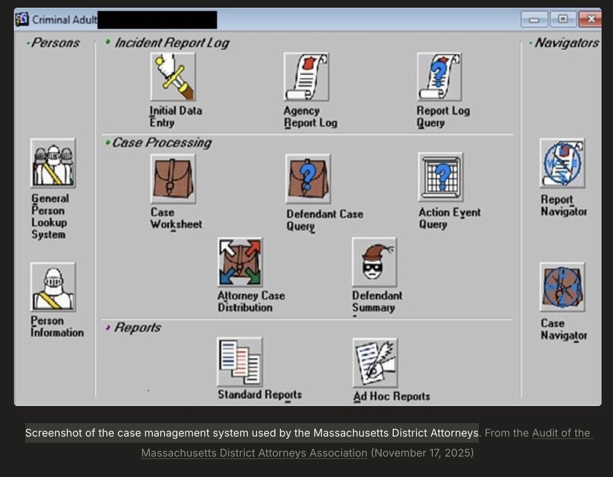 senatorshoshana's tweet photo. CRYING

"Screenshot of the case management system used by the Massachusetts District Attorneys"

found via bluesky/via a friend https://t.co/SE6DXap3w2