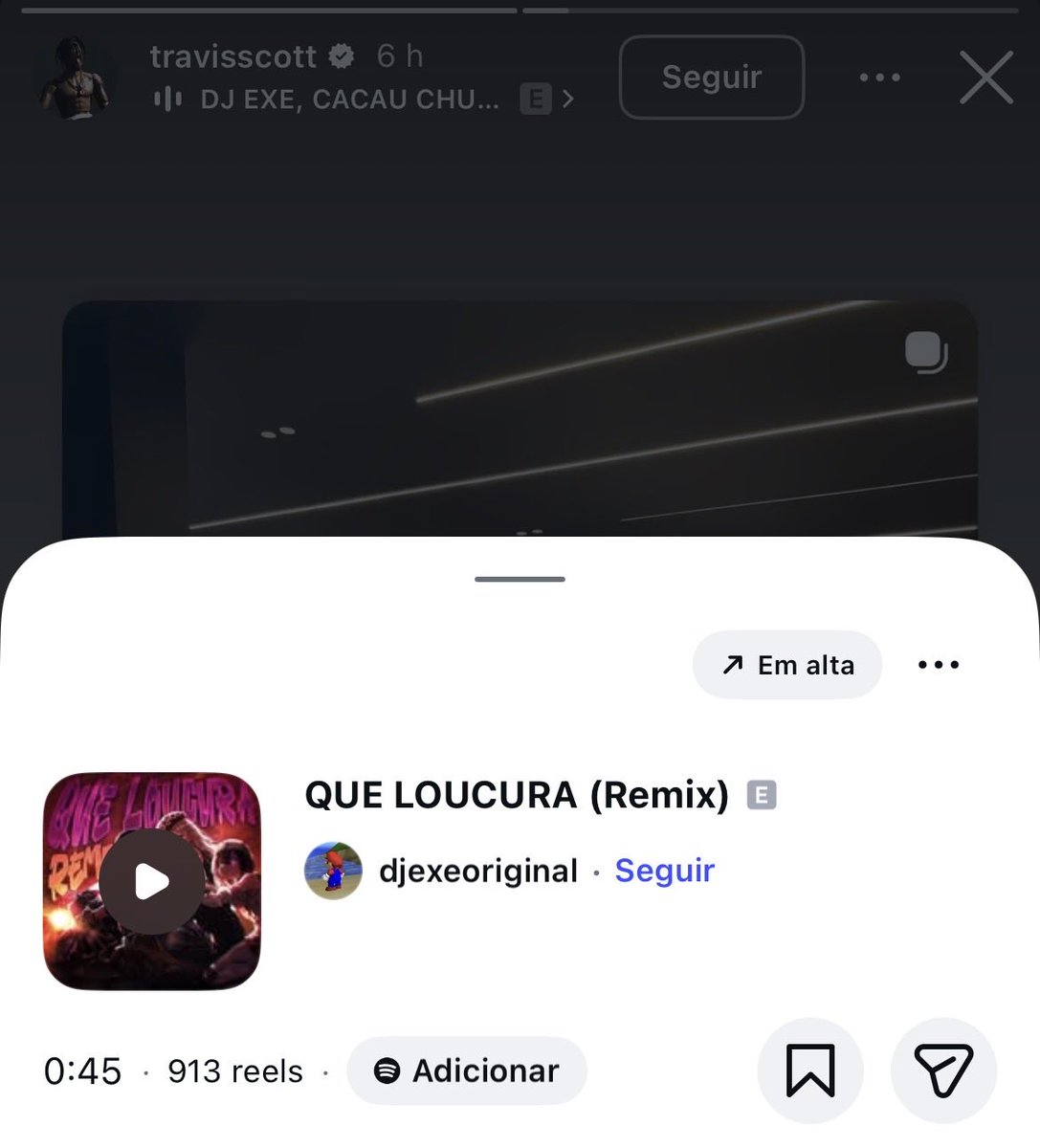 infosluisasonza's tweet photo. Simplesmente ‘Que Loucura (Remix)’ nos stories do fucking TRAVIS SCOTT. 😭 https://t.co/T4dNs9caGz