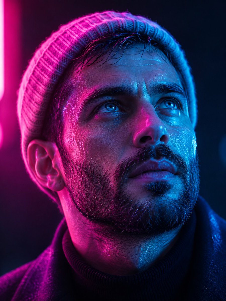 iamsofiaijaz's tweet photo. Gpt image 2 on the Chatgpt 

Prompt:
Ultra-realistic cinematic close-up portrait of a rugged adult man wearing a dark knitted beanie and black high-neck sweater, short dark hair, thick eyebrows, piercing blue eyes looking slightly upward, full neatly trimmed beard and mustache, strong masculine facial features, detailed skin texture and pores, subtle facial lines, dramatic split lighting with intense neon magenta/pink light from the left and electric cyan/blue light from the right, deep dark background, cyberpunk atmosphere, high contrast, moody expression, shallow depth of field, sharp focus on the eyes and face, volumetric neon glow, rich saturated colors, professional studio photography, 85mm portrait lens, f/1.4, HDR, photorealistic, extremely detailed, cinematic color grading, 8K.
