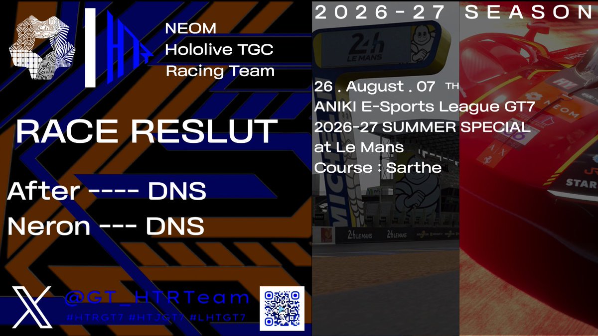 GT_HTRteam's tweet photo. [ 🏁🏁RACE RESLUT 🏁🏁]

2026 . August . 07
#AESL_GT7 SUMMER SPECIAL at Le Mans

#GT7
#HTRGT7 #HTJGT7 #LHTGT7 https://t.co/v1HrgyxrYS