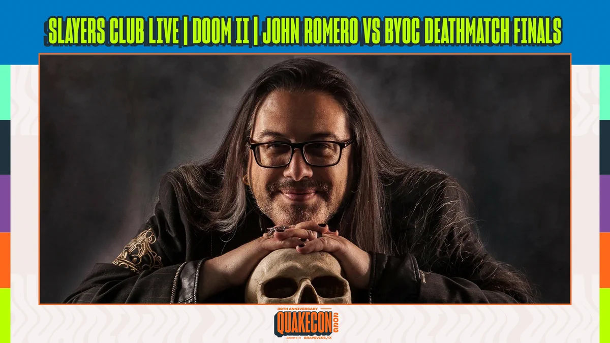 A man with long, dark hair and glasses smiles confidently, holding a skull in front of him. The background features vibrant colors with text stating 'SLAYERS CLUB LIVE | DOOM II | JOHN ROMERO VS BYOC DEATHMATCH FINALS'.