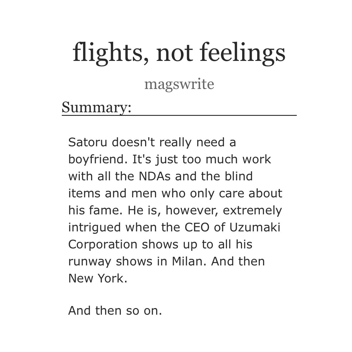 mochimags's tweet photo. flights, not feelings

6k (chapter 1/7) | #gego #夏五 

🏙️ — model!gojo, ceo!geto, age gap 

🔗 — https://t.co/u3BQhvYAYL https://t.co/JLLZv1LD7Q