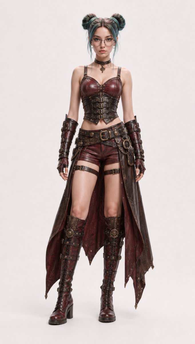 JemiVraxIS's tweet photo. Premium VraxIS Outfit Prompt 082
Upper Body
A fitted oxblood leather bustier-style top constructed from burnished leather with individually shaped panels and reinforced contour seams. The neckline forms a softly structured sweetheart profile, while narrow dark leather straps provide clean support across the shoulders. The lower edge finishes just above the natural waist, leaving a narrow section of midriff visible.
Over the torso sits a separate underbust harness-corset constructed from overlapping blackened brown leather bands. Multiple slim buckle closures run vertically through the centre front, complemented by antique bronze rivets, reinforced edging, and subtle embossed detailing. The construction closely follows the waist without extending over the upper bust.
Both forearms are fitted with substantial articulated leather bracers extending from the wrist toward the elbow. Layered oxblood and dark brown leather sections are secured with narrow straps, antique bronze buckles, rivets, and protective raised panels.
Lower Body
High-waisted fitted oxblood leather shorts form the foundation of the lower silhouette. The shorts feature clean shaping, subtle reinforced seams, dark piping along the edges, and a short fitted hemline.
Attached beneath the waistband are long asymmetrical coat-tail panels constructed from distressed dark brown leather with a rich burgundy inner lining. The panels begin around the hips and fall toward the lower calves, opening completely through the centre front so the shorts and legs remain clearly visible. Their irregular tapered hems and layered construction create controlled dramatic movement.
Slim dark leather thigh straps wrap around each upper leg, finished with understated antique bronze fastenings.
Waist
A substantial layered utility belt system wraps around the natural waist and upper hips. The primary belt is crafted from thick dark brown leather with an oversized antique bronze buckle, while narrower secondary straps overlap beneath it at slightly different angles. Small engraved medallions, metal rings, short decorative chains, riveted tabs, and compact leather attachments create intricate industrial detailing.
Footwear
Knee-high combat boots crafted from burnished dark brown leather with reinforced oxblood panels. The boots feature rounded structured toes, substantial stacked soles, front lace-up construction, multiple narrow buckle straps, antique bronze eyelets, reinforced heel counters, and articulated leather shin sections. Embossed detailing and weathered edges give the boots a rich finish.
Accessories
Layered antique bronze choker with a small engraved centre medallion.
Matching antique bronze drop earrings.
Fingerless oxblood leather gloves integrated beneath the forearm bracers.
Decorative chains attached discreetly to the layered waist belts.
Small engraved bronze medallions and industrial hardware distributed across the leatherwork.
Materials
Full-grain oxblood leather.
Burnished dark brown leather.
Soft burgundy suede.
Charcoal cotton twill.
Leather boot lining.
Antique bronze hardware.
Blackened brass rivets.
Waxed leather cord.
Fine metal chainwork.
Colour Palette
Deep oxblood red.
Dark burgundy.
Espresso brown.
Charcoal black.
Blackened bronze.
Antique brass.
Burnished copper.
