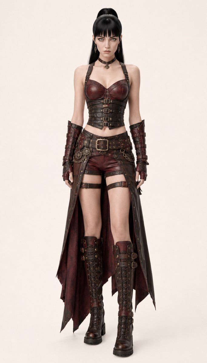 JemiVraxIS's tweet photo. Premium VraxIS Outfit Prompt 082
Upper Body
A fitted oxblood leather bustier-style top constructed from burnished leather with individually shaped panels and reinforced contour seams. The neckline forms a softly structured sweetheart profile, while narrow dark leather straps provide clean support across the shoulders. The lower edge finishes just above the natural waist, leaving a narrow section of midriff visible.
Over the torso sits a separate underbust harness-corset constructed from overlapping blackened brown leather bands. Multiple slim buckle closures run vertically through the centre front, complemented by antique bronze rivets, reinforced edging, and subtle embossed detailing. The construction closely follows the waist without extending over the upper bust.
Both forearms are fitted with substantial articulated leather bracers extending from the wrist toward the elbow. Layered oxblood and dark brown leather sections are secured with narrow straps, antique bronze buckles, rivets, and protective raised panels.
Lower Body
High-waisted fitted oxblood leather shorts form the foundation of the lower silhouette. The shorts feature clean shaping, subtle reinforced seams, dark piping along the edges, and a short fitted hemline.
Attached beneath the waistband are long asymmetrical coat-tail panels constructed from distressed dark brown leather with a rich burgundy inner lining. The panels begin around the hips and fall toward the lower calves, opening completely through the centre front so the shorts and legs remain clearly visible. Their irregular tapered hems and layered construction create controlled dramatic movement.
Slim dark leather thigh straps wrap around each upper leg, finished with understated antique bronze fastenings.
Waist
A substantial layered utility belt system wraps around the natural waist and upper hips. The primary belt is crafted from thick dark brown leather with an oversized antique bronze buckle, while narrower secondary straps overlap beneath it at slightly different angles. Small engraved medallions, metal rings, short decorative chains, riveted tabs, and compact leather attachments create intricate industrial detailing.
Footwear
Knee-high combat boots crafted from burnished dark brown leather with reinforced oxblood panels. The boots feature rounded structured toes, substantial stacked soles, front lace-up construction, multiple narrow buckle straps, antique bronze eyelets, reinforced heel counters, and articulated leather shin sections. Embossed detailing and weathered edges give the boots a rich finish.
Accessories
Layered antique bronze choker with a small engraved centre medallion.
Matching antique bronze drop earrings.
Fingerless oxblood leather gloves integrated beneath the forearm bracers.
Decorative chains attached discreetly to the layered waist belts.
Small engraved bronze medallions and industrial hardware distributed across the leatherwork.
Materials
Full-grain oxblood leather.
Burnished dark brown leather.
Soft burgundy suede.
Charcoal cotton twill.
Leather boot lining.
Antique bronze hardware.
Blackened brass rivets.
Waxed leather cord.
Fine metal chainwork.
Colour Palette
Deep oxblood red.
Dark burgundy.
Espresso brown.
Charcoal black.
Blackened bronze.
Antique brass.
Burnished copper.