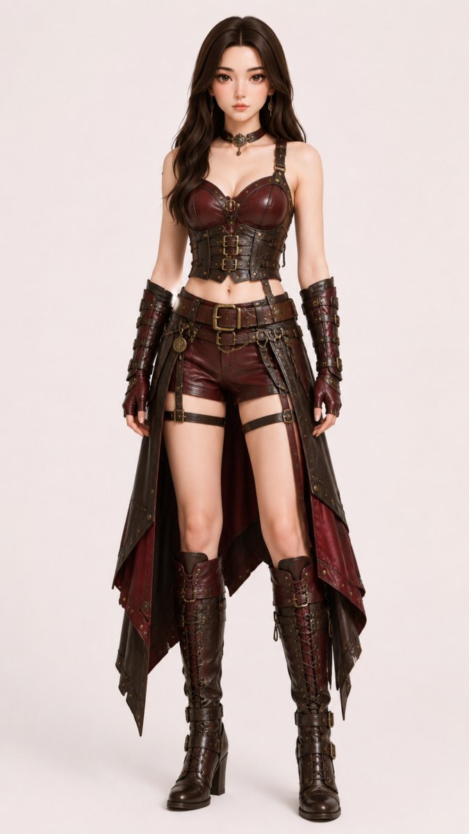 JemiVraxIS's tweet photo. Premium VraxIS Outfit Prompt 082
Upper Body
A fitted oxblood leather bustier-style top constructed from burnished leather with individually shaped panels and reinforced contour seams. The neckline forms a softly structured sweetheart profile, while narrow dark leather straps provide clean support across the shoulders. The lower edge finishes just above the natural waist, leaving a narrow section of midriff visible.
Over the torso sits a separate underbust harness-corset constructed from overlapping blackened brown leather bands. Multiple slim buckle closures run vertically through the centre front, complemented by antique bronze rivets, reinforced edging, and subtle embossed detailing. The construction closely follows the waist without extending over the upper bust.
Both forearms are fitted with substantial articulated leather bracers extending from the wrist toward the elbow. Layered oxblood and dark brown leather sections are secured with narrow straps, antique bronze buckles, rivets, and protective raised panels.
Lower Body
High-waisted fitted oxblood leather shorts form the foundation of the lower silhouette. The shorts feature clean shaping, subtle reinforced seams, dark piping along the edges, and a short fitted hemline.
Attached beneath the waistband are long asymmetrical coat-tail panels constructed from distressed dark brown leather with a rich burgundy inner lining. The panels begin around the hips and fall toward the lower calves, opening completely through the centre front so the shorts and legs remain clearly visible. Their irregular tapered hems and layered construction create controlled dramatic movement.
Slim dark leather thigh straps wrap around each upper leg, finished with understated antique bronze fastenings.
Waist
A substantial layered utility belt system wraps around the natural waist and upper hips. The primary belt is crafted from thick dark brown leather with an oversized antique bronze buckle, while narrower secondary straps overlap beneath it at slightly different angles. Small engraved medallions, metal rings, short decorative chains, riveted tabs, and compact leather attachments create intricate industrial detailing.
Footwear
Knee-high combat boots crafted from burnished dark brown leather with reinforced oxblood panels. The boots feature rounded structured toes, substantial stacked soles, front lace-up construction, multiple narrow buckle straps, antique bronze eyelets, reinforced heel counters, and articulated leather shin sections. Embossed detailing and weathered edges give the boots a rich finish.
Accessories
Layered antique bronze choker with a small engraved centre medallion.
Matching antique bronze drop earrings.
Fingerless oxblood leather gloves integrated beneath the forearm bracers.
Decorative chains attached discreetly to the layered waist belts.
Small engraved bronze medallions and industrial hardware distributed across the leatherwork.
Materials
Full-grain oxblood leather.
Burnished dark brown leather.
Soft burgundy suede.
Charcoal cotton twill.
Leather boot lining.
Antique bronze hardware.
Blackened brass rivets.
Waxed leather cord.
Fine metal chainwork.
Colour Palette
Deep oxblood red.
Dark burgundy.
Espresso brown.
Charcoal black.
Blackened bronze.
Antique brass.
Burnished copper.