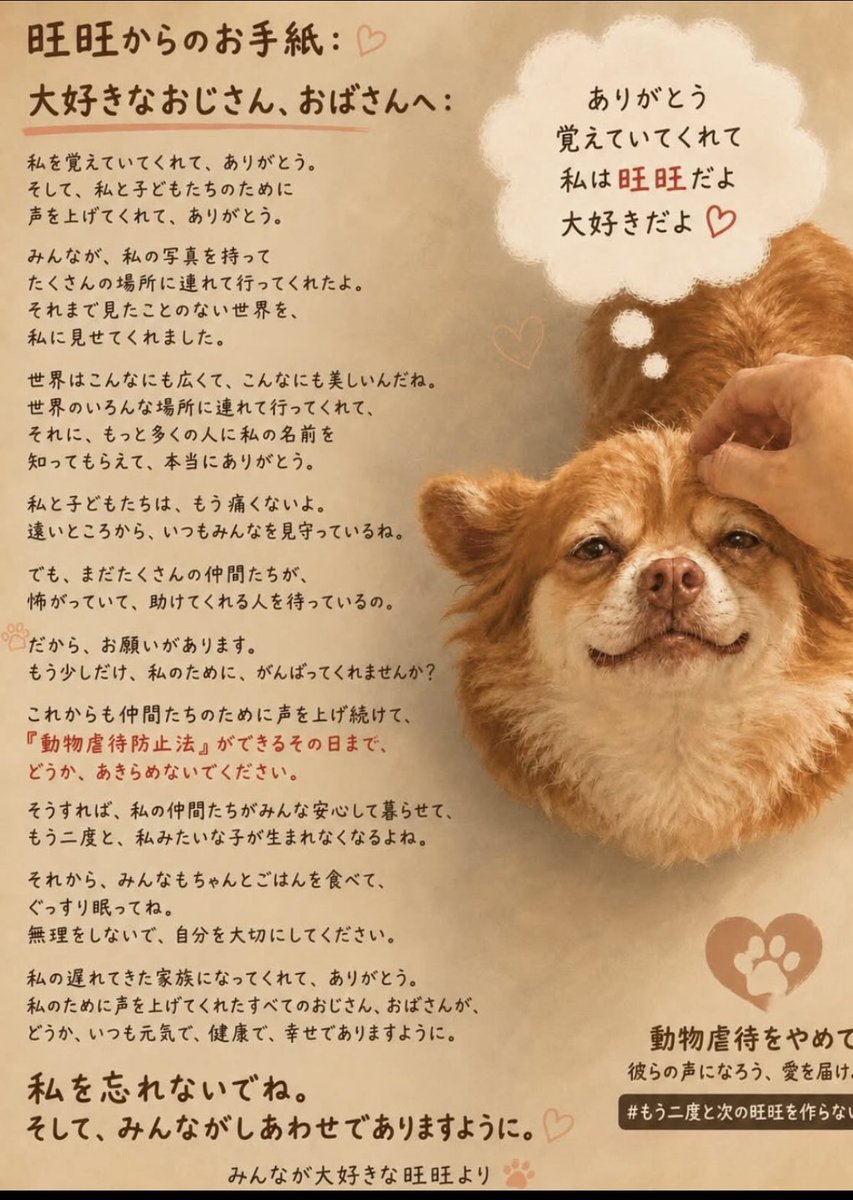 forthedogs_'s tweet photo. 今まで、恥ずかしいけれど動物虐待の動画や話を「可哀想」「辛いから見たくない」と目を背けてきました。
旺旺の動画を見て言葉に出来ないほどの衝撃を受けました。
涙が止まらなくなり、呼吸が苦しくなり、しばらくご飯も食べれず、何も手につかなくなりました。
しかし、旺旺親子は1時間の拷問というもっと辛く苦しく恐い思いをしました。
見て見ぬ振りは簡単です。何もしなければいいのですから。
でもそれはやっているやつらと同じです。容認しているだけです。
私はもう黙っていることはできません。
旺旺親子のために、4時間も拷問を受けたみーこのために、他に犠牲になった沢山の子達のためにも。それに今この瞬間、虐待を受けている子達もいるかもしれない。
私一人では無力ですが、一人ひとりの力があれば何かを変える力になります。
SNSでの拡散が一番私たちが簡単にできることです。投稿の際には私が今つけているハッシュタグや旺旺の画像などを付けてもらえるとみんなに伝わりやすいと思います。
中国は動物虐待を容認し、旺旺親子の事も風化させようとしています。
そんなことはさせては行けません。
みなさん、今声をあげてください!
諦めないで下さい!
私もまだまだ戦います!
#掲揚未成年者犬待事件
#動物虐待ビジネス援滅
#JusticeForWangWang
#みーこ
#旺旺
#中国に動物虐待防止法の制定を要求する