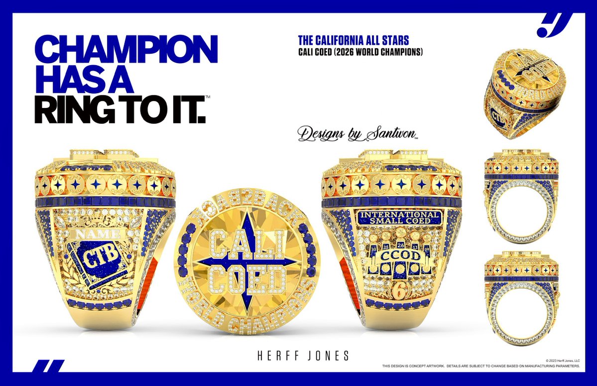 DBSchamprings's tweet photo. #CHAMPSONLY
_____
               ✨Lets Welcome “CTB”✨
              💎A DBS MASTERPIECE💎

🎉CONGRATS CALIFORNIA ALL STARS🎊

                 💙💛CALI🌴COED💛💙

🏆’26 BACK2BACK•5XWORLD CHAMPS🏆
_____
“Be CC..OD.”
-DBS💍✨

 💍CHAMPIONHASARINGTOIT💍 https://t.co/siP8l0CvsY