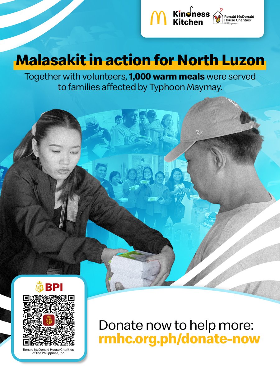 McDo_PH's tweet photo. In the wake of Typhoon Maymay, McDonald's Kindness Kitchen volunteers came together to serve warm meals to communities across North Luzon. Every meal is a reminder that even in difficult times, kindness can bring comfort, one serving at a time. 

Our heartfelt thanks to every volunteer whose malasakit made this possible.

Donate to https://t.co/WIcT1fqAY8 to help serve kindness to more communities in need.