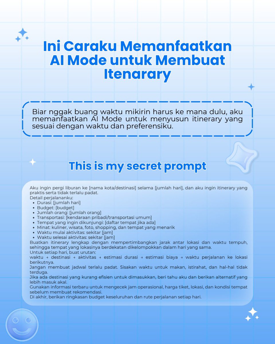 Vallms05's tweet photo. Kalau kamu tipe yang pengen liburan tapi males bikin itinerary, coba cara ini. 👇

@googleindonesia 
#TeamGoogle #GoogleStudentAmbassador #GSA2026 #Gemini #GoogleAI https://t.co/Dyh9zNQmfA