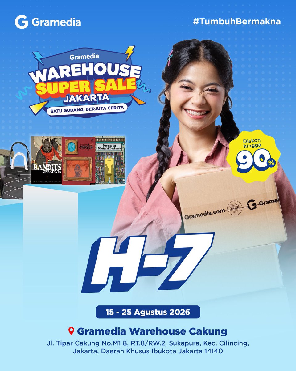 gramedia's tweet photo. SURPRISE, GRAMEDS‼️🥳🎉

Gramedia Warehouse Super Sale akan hadir dalam 7 HARI LAGI 🤩

Jangan lupa catat tanggal dan lokasinya yaa! 👇🏻
🗓️ Gramedia Warehouse Cakung
📍 15–25 Agustus 2026

Coba spill wishlist buku kalian di komen! Siapa tau judulnya bisa disiapin stocknya ✨