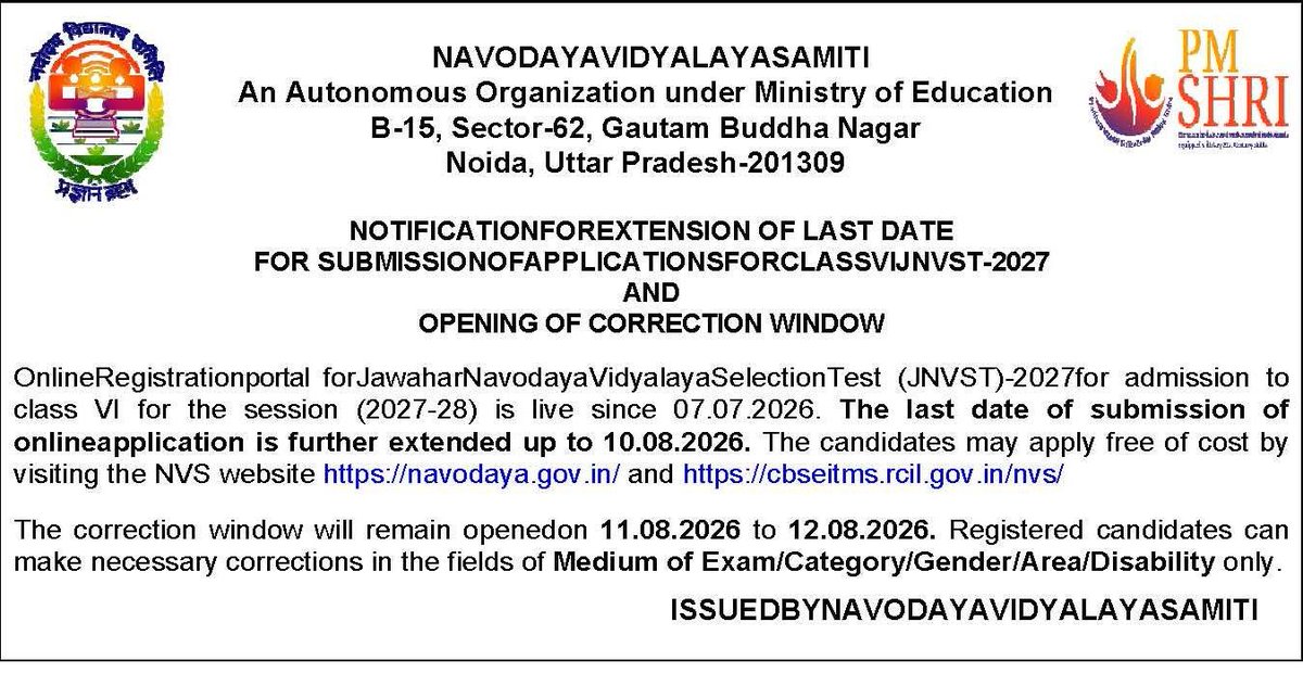 DhanbadJnv's tweet photo. NOTIFICATION 

The last date is extended up to 10.08.2026. The correction window will remain openedon 11.08.2026to 12.08.2026. Registered candidates can make necessary corrections in the fields of Medium of Exam/Category/Gender/Area/Disability only. https://t.co/QzAbeEdcNV