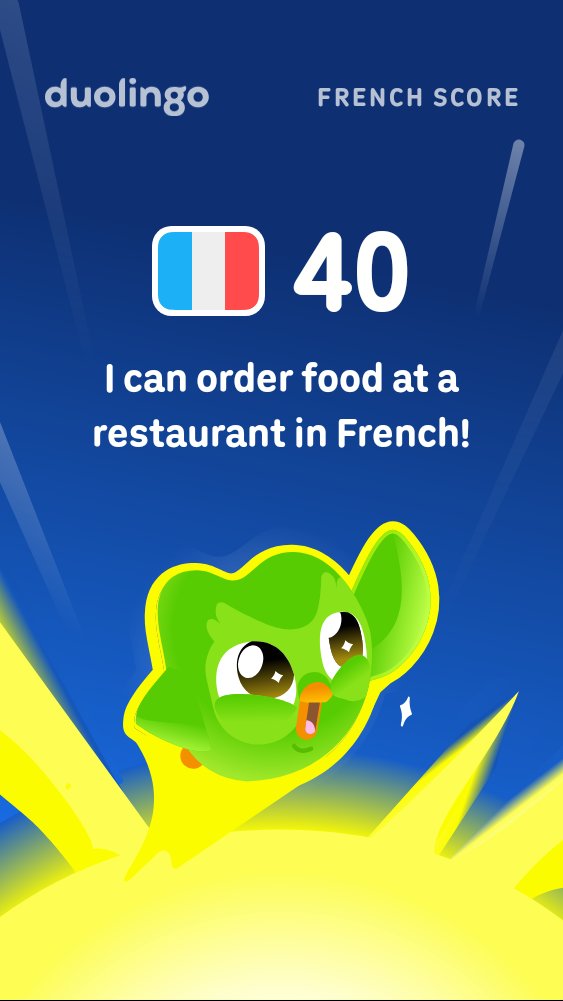 mpouyakh5's tweet photo. My Duolingo French Score is 40! https://t.co/rKCpqVgkQw