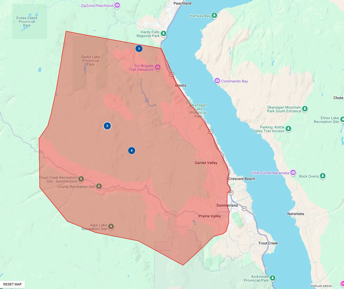 EmergencyInfoBC's tweet photo. UPDATE: The Regional Districts of Okanagan-Similkameen &amp; Central Okanagan have EXPANDED the Evacuation Order area. Nearby wildfire is a threat to life &amp; safety. Anyone in the affected area must leave NOW.
More info: https://t.co/bcLe1RA4c6 #BC #BCWildfire #Okanagan #Summerland https://t.co/x5qSPYBDWk