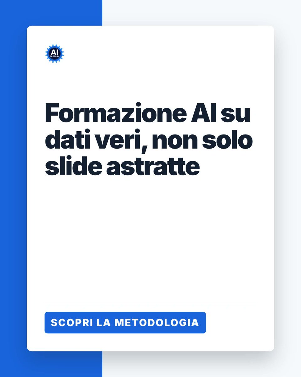 AIFactorygroup's tweet photo. La formazione sui tool di intelligenza artificiale funziona solo quando parte dai dati reali del tuo team. Noi portiamo gli utenti operativi a lavorare con i propri processi quotidiani, non con esempi generici. 1/4 https://t.co/iydQm4g0IT
