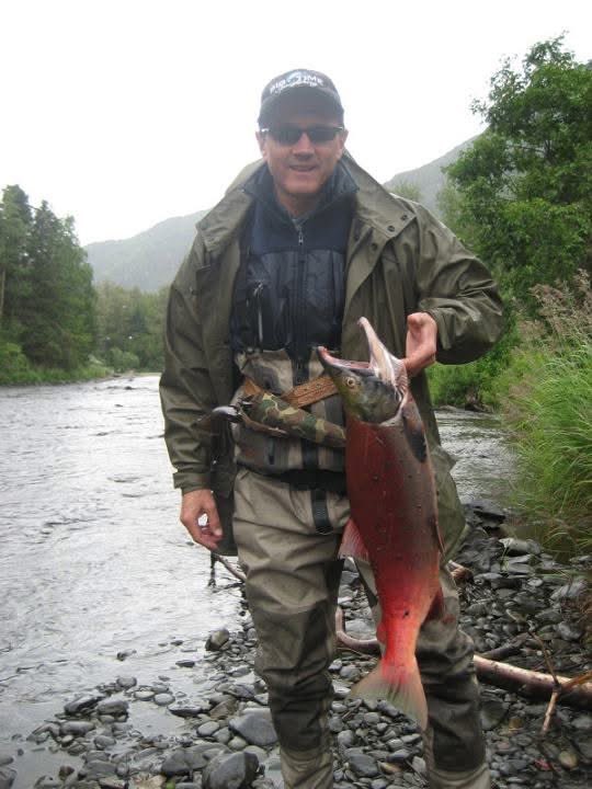 JoelAFreeman's tweet photo. ALASKA FISHING TRIP some years back, which included flying in a single engine plane, camping, a bit of hiking and a whole lot of fishing for red salmon on the Kenai and Russian Rivers. Had a blast!!! Been salmon fishing off the coast of British Columbia a number of times. Second time in Alaska. 

I was packing a .44 pistol most of the time. Wearing bear bells is a joke. In one picture you see a black bear not far away behind me. 

Was with Dave Bronson, a great friend over the years. He was a Delta pilot for many years. We flew in his single engine plane to his cabin about 40 miles north of Anchorage. 

Love the people of Alaska. It takes a special person to live there.

#Alaska #alaskalife #salmonfishing