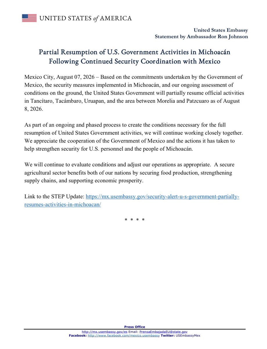 USAmbMex's tweet photo. Partial Resumption of U.S. Government Activities in Michoacán Following Continued Security Coordination with Mexico

https://t.co/aOUsYcupi0 https://t.co/cL169TuSkN