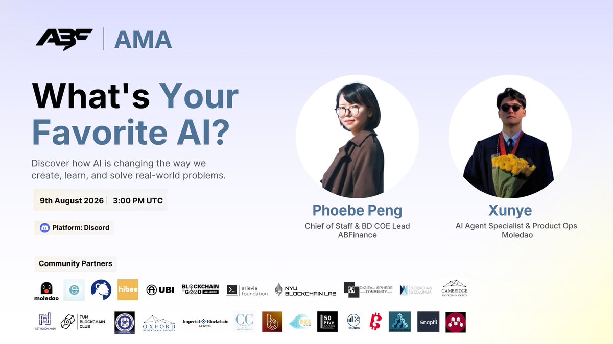 abf_finance's tweet photo. 🤖 What's Your Favorite AI? | AMA
What AI tools are actually making a difference in how we work and build?

Join our AMA featuring Phoebe Peng, Chief of Staff & BD COE Lead at ABFinance, and Xunye, AI Agent Specialist & Product Ops at Moledao, as they share their favorite AI tools, workflows, and real-world use cases.

📅 August 9 | 3:00 PM UTC

📍 Discord Stage • Link in the comments below.
🎁 $30 Live Q&A Prize Pool

Bring your questions, discover new tools, and win rewards.