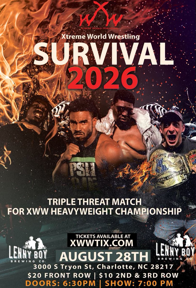 XwwOfficial's tweet photo. Friday, August 28, 2026 #LIVE at @lennyboybrewing XWW presents #Survival2026 #InnovationRequired #ViolenceExpected https://t.co/yU55qkXvQp