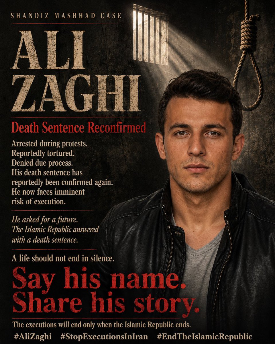 EllaDghn's tweet photo. 🚨 ALI ZAGHI’S DEATH SENTENCE HAS BEEN RECONFIRMED. HIS LIFE IS IN IMMEDIATE DANGER. 🚨

#AliZaghi is one of the defendants in the Shandiz Mashhad case. He was arrested during the protests and, according to reports, was subjected to severe torture, denied due process, and prosecuted on security-related charges.

His death sentence has reportedly now been confirmed for a second time, dramatically increasing fears that the Islamic Republic may move toward carrying out the execution.

This is not justice. A system that tortures detainees, extracts confessions, denies fair trials, and then sentences protesters to death is using the courts as a weapon of terror.

Ali is still alive. There is still time to stop this.

Say his name. Share his face. Demand action before another young Iranian is executed.

@UNHumanRights @amnesty @UNWatch @volker_turk @weimers @EUCouncil
#AliZaghi #StopExecutionsInIran #EndTheIslamicRepublic #KingRezaPahlaviForIran