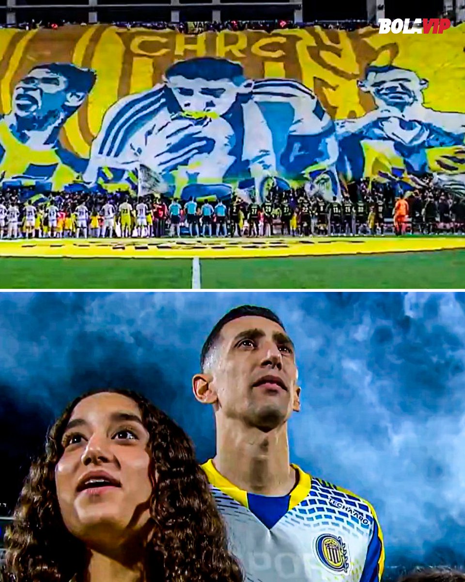 BolavipAr's tweet photo. 🟡🔵🔥 TREMENDO telón de la hinchada de Rosario Central para Ángel Di María antes del partido ante Aldosivi. La cara de admiración de Fideo y la sorpresa de su hija dicen todo. https://t.co/Afby8hN8KO
