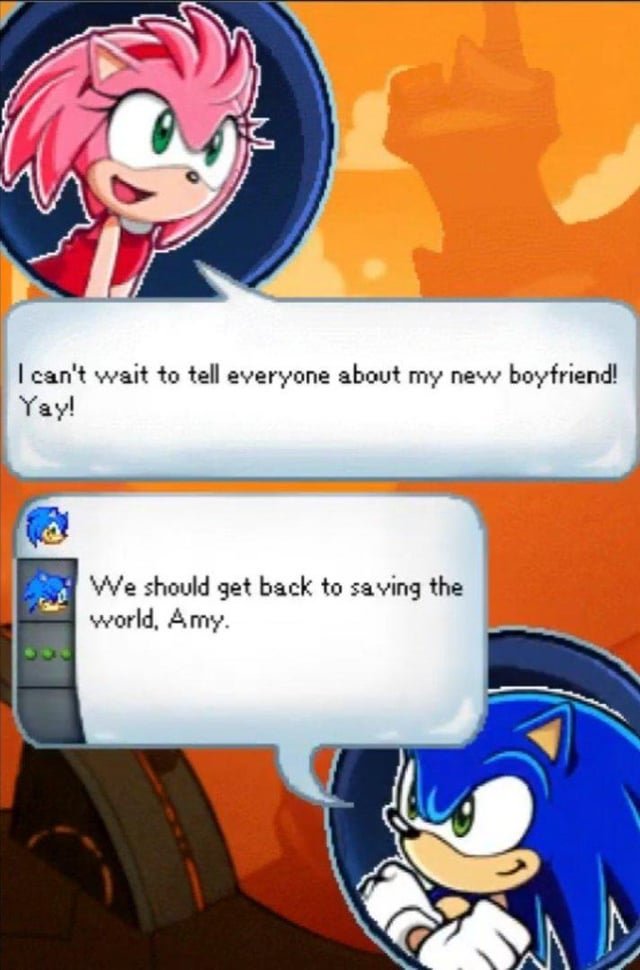 SailorSonikku's tweet photo. Fun Sonic fact: Sonic and Amy can start dating at the end of Sonic Chronicles if you're nice to her the entire game

You can also damage your relationship with her by being an asshole the entire time and dismissing her feelings https://t.co/J11P309hPI