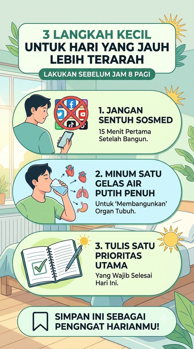 anssbhn's tweet photo. 3 hal kecil yang kalau kamu lakukan sebelum jam 8 pagi, bakal bikin sisa harimu jauh lebih terarah:

​Jangan sentuh sosmed 15 menit pertama setelah bangun.

​Minum air putih 1 gelas penuh untuk "membangunkan" organ tubuh.

​Tulis 1 prioritas utama yang wajib selesai hari ini.

​Simpan tweet ini buat jadi pengingat pagimu.
