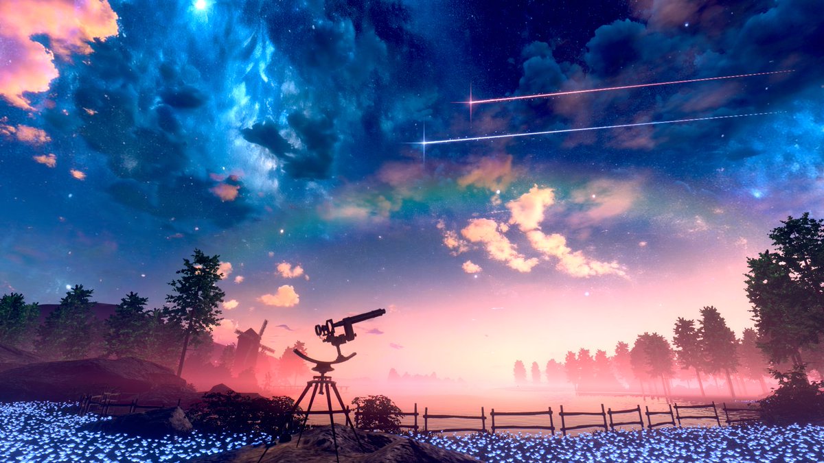 noami2539's tweet photo. Shooting stars and glowing blue blooms under the twilight sky. 🌠🌸✨
宵の 空に 流れ星と、輝く 蒼い 花の 囁き。

🌐: 星屑の原２
 by : しーの／T_Shiino

#VRChat
#VRChat_world紹介
#VRChatPhotography https://t.co/2bbc3CghCv