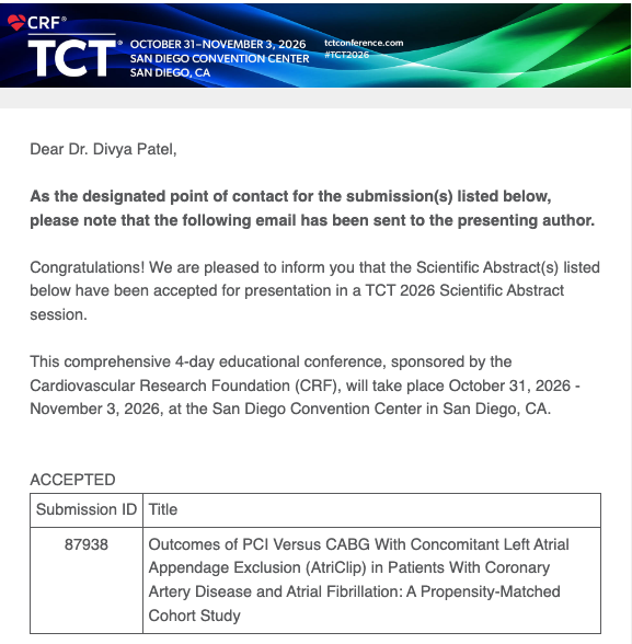 impateldivya's tweet photo. Humbled to share our outcomes-based study, "PCI vs CABG With Concomitant LAA Exclusion (AtriClip) in CAD Patients With AFib: A Propensity-Matched Cohort Study," has been accepted for #TCT2026!

Grateful to co-authors @DrSaiPrasadR @harsh_cardio @thakkar_samarth @AdnanKhalifMD @ramzik1971 & to @AHNIMres @TKapetanos @AHNCVFellows for their support.

Would love to connect with everyone heading to San Diego! @crfheart @TCTConference