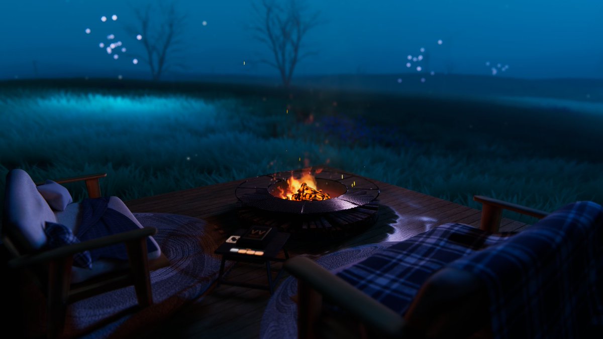 noami2539's tweet photo. A warm campfire glowing under the quiet, starry blue night. 🌌🔥🏡
深夜の 静寂と、暖かな 焚き火の 灯りに 包まれて。

🌐: somewhere after midnight - 真夜中の何処か
 by : ˖Vera˖

#VRChat
#VRChat_world紹介
#VRChatPhotography https://t.co/2V1oSG6VNd