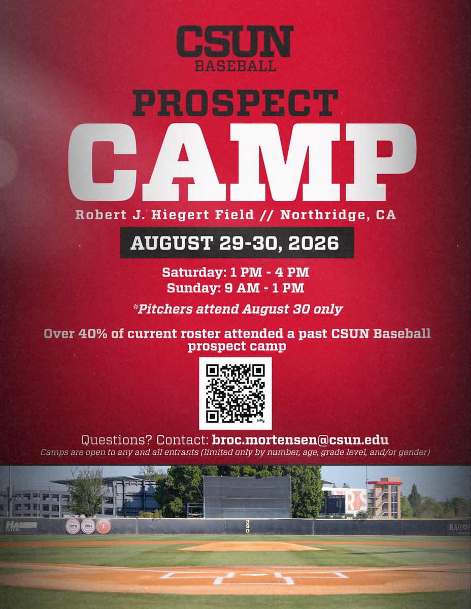 CSUNBaseball's tweet photo. 🚨 Calling Future Matadors 🚨

Join us August 29-30th for our last Prospect Camp of Summer! 
Showcase your skills and put yourself on our coaching staff’s radar before the start of the fall!

Register Today: https://t.co/dGDOqlMvJo

#godors https://t.co/Bxa0ojcCJv