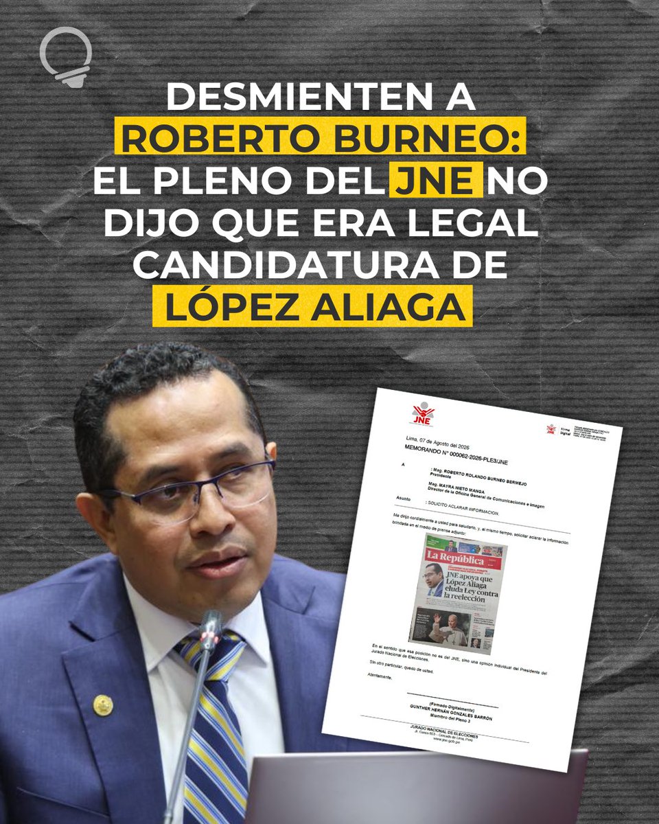 elfoco_pe's tweet photo. El presidente del JNE, Roberto Burneo, dijo que la candidatura de López Aliaga a la alcaldía de Lima era legal, pero resulta que el tema no fue tocado en el pleno del ente electoral. Gunther Gonzales, integrante del JNE, ha enviado una carta a Burneo pidiéndole una aclaración. https://t.co/8BruEnc6Tt