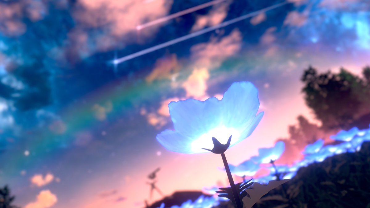 noami2539's tweet photo. Shooting stars and glowing blue blooms under the twilight sky. 🌠🌸✨
宵の 空に 流れ星と、輝く 蒼い 花の 囁き。

🌐: 星屑の原２
 by : しーの／T_Shiino

#VRChat
#VRChat_world紹介
#VRChatPhotography https://t.co/2bbc3CghCv