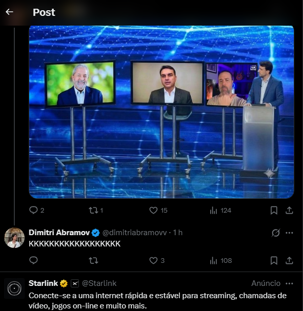 Rodrigo96Santos's tweet photo. @dimitriabramovv Olha o anúncio que vem logo em seguida. 😂😂😂
Eleições 2026: EAD de qualidade, sem quedas na sua conexão. - Oferecimento: Starlink
Ai @elonmusk vai deixar passar essa baita oportunidade??? 🤣🤣🤣🤣🤣 https://t.co/W2HRtCml7j