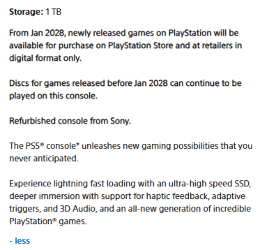 NotiPlay_'s tweet photo. Si quieres comprar una PlayStation 5 con lector de discos reacondicionada en la página oficial de PlayStation, aparece un aviso indicando que en enero de 2028 dejarán de venderse discos.

Por ahora, Sony sigue firme en su decisión de poner fin al formato físico. https://t.co/MxODUn1dkD