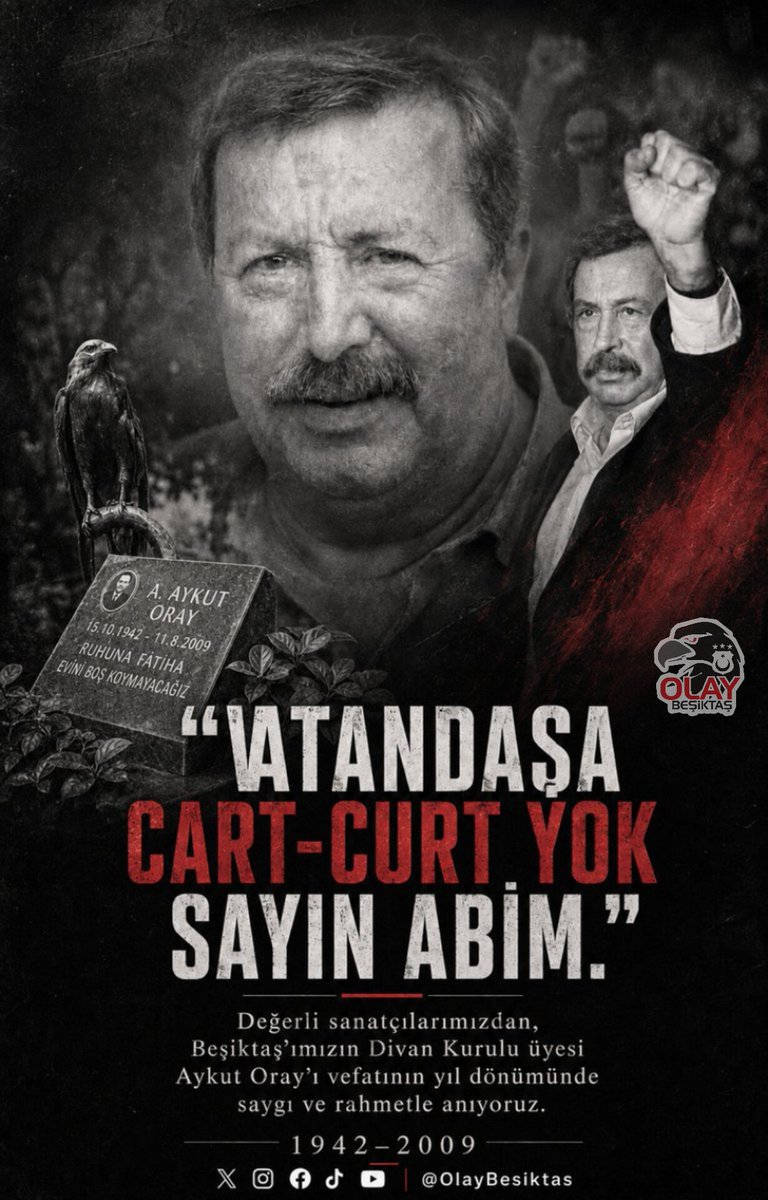 OlayBesiktas's tweet photo. “Vatandaşa cart curt yok, Sayın Abim.”

Değerli sanatçılarımızdan ve Beşiktaş Divan Kurulu üyelerimizden Aykut Oray abimizi, vefatının yıl dönümünde saygı ve rahmetle anıyoruz.

#AykutOray https://t.co/7d2VYbdLPf