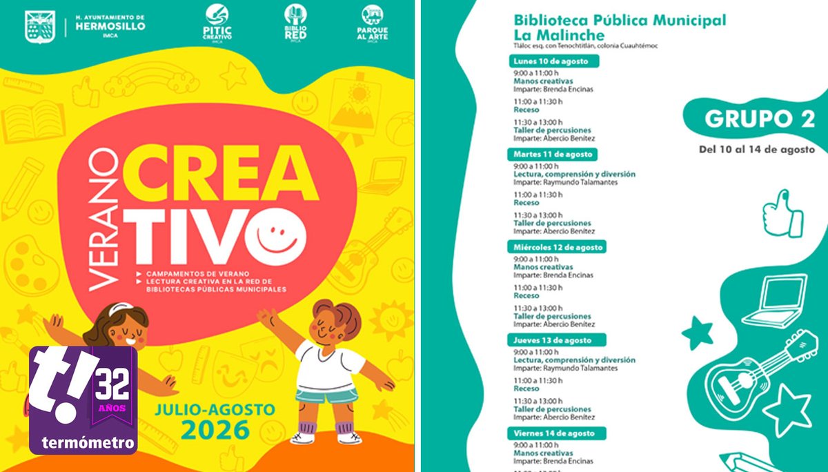 NoticiasTermo's tweet photo. 🎨📚 Niñas y niños de 7 a 10 años podrán disfrutar del Campamento de Verano Creativo 2026, del 10 al 14 de agosto en la Biblioteca Municipal La Malinche, con talleres de arte, lectura, percusiones y cine.

#Hermosillo #Cultura #IMCA #CampamentoDeVerano  https://t.co/8C5odHsyHw https://t.co/c0QE5B2Vto