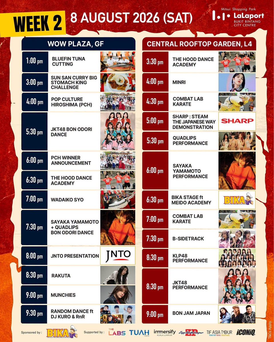 TIFAsiaTour's tweet photo. 🏮[TODAY!]🏮
The LaLaport BBCC "Bon Odori Festival" is happening today, right in the heart of Kuala Lumpur, where you can fully enjoy the sights, sounds, flavors, and culture of a traditional Japanese summer festival! Sayaka Yamamoto will perform live and take part in the Bon Odori dance during a special collaborative stage with the TIF ASIA TOUR!

LaLaport BBCC Bon Odori Festival
📅 August 1–2 & 8–9, 2026
📍 LaLaport BBCC Rooftop Garden, Level 4 & WoW Plaza, GF
🎟️ Free Admission
https://t.co/MfsvY5O3vH

#LaLaportBonOdori2026
#TIFASIATOUR