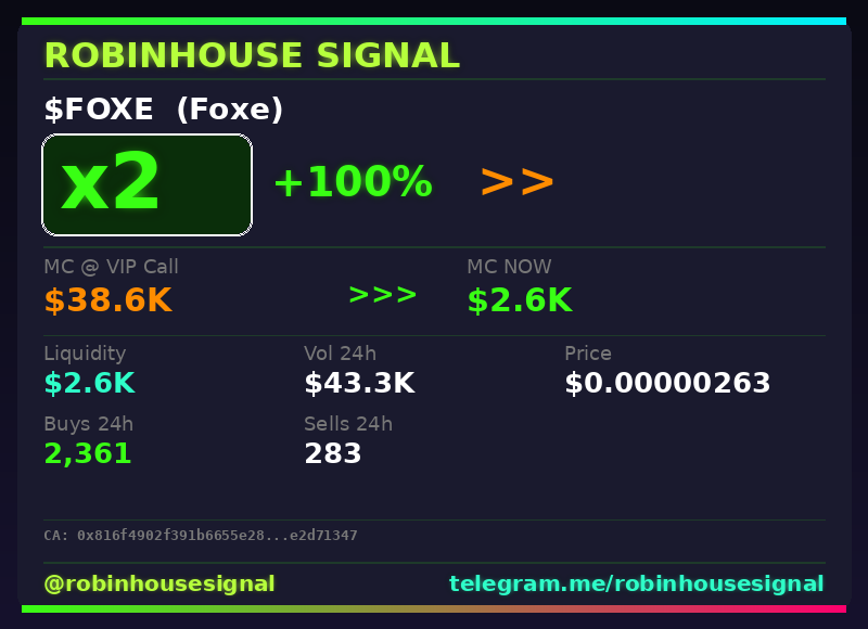 robhousesignal's tweet photo. $FOXE (Foxe) doubled ๐ฐ
๐ MC: $2.6K | Liq: $2.6K
๐ต Vol 24h: $43.3K
๐ Buys/Sells: 2,361 / 283
๐ CA:
0x816f4902f391b6655e28713c516def8be2d71347
๐ค Full scan + chart โ link in bio
#FOXE #robinhousesignal #gem #pump #robinhoodchain https://t.co/noLTp6QiHy