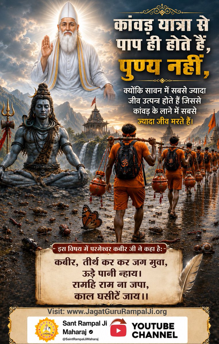vinod_sahu1993's tweet photo. #GodMorningSaturday
🪴🪴 
Gudda Guddi ka Khel Band Karo
#शिवजी_की_सत_साधना_करो
कांवड़ यात्रा से पाप ही होते हैं, पुण्य नहीं, क्योंकि सावन में सबसे ज्यादा जीव उत्पन्न होते हैं जिससे कांवड़ के लाने में सबसे ज्यादा जीव मरते हैं।
🙇 🙇
जगतगुरु तत्वदर्शी संत रामपाल जी महाराज https://t.co/s7pxRIF4Ce
