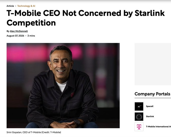 Anvayance's tweet photo. The telecom industry is violently repeating the exact same mistake Blockbuster made with Netflix.

T-Mobile CEO Srini Gopalan just publicly dismissed SpaceX as a serious competitive threat to traditional cellular carriers.

He completely downplayed their massive ambitions by stating that satellite networks will only ever remain complementary to existing ground infrastructure.

Meanwhile SpaceX President Gwynne Shotwell is aggressively preparing to capture market share directly from legacy telecom monopolies.

They are actively targeting the $600 billion domestic wireless market currently dominated by AT&T, Verizon, and T-Mobile.

SpaceX recently acquired vital spectrum to mount small cellular base stations directly onto existing Starlink broadband dishes nationwide.

Combining decentralized ground infrastructure with their next-gen orbital network creates an incredibly dangerous hybrid carrier.

Legacy providers are severely underestimating how quickly consumers will abandon them for better coverage and lower pricing.

When a disruptive technology begins fundamentally rewriting the infrastructure rules, incumbent denial is always the first indicator of collapse.

As Andy Grove famously warned, "Success breeds complacency, complacency breeds failure, only the paranoid survive."

Watch the launch of Starlink Mobile satellites next year very closely because the entire telecom landscape is about to fracture.