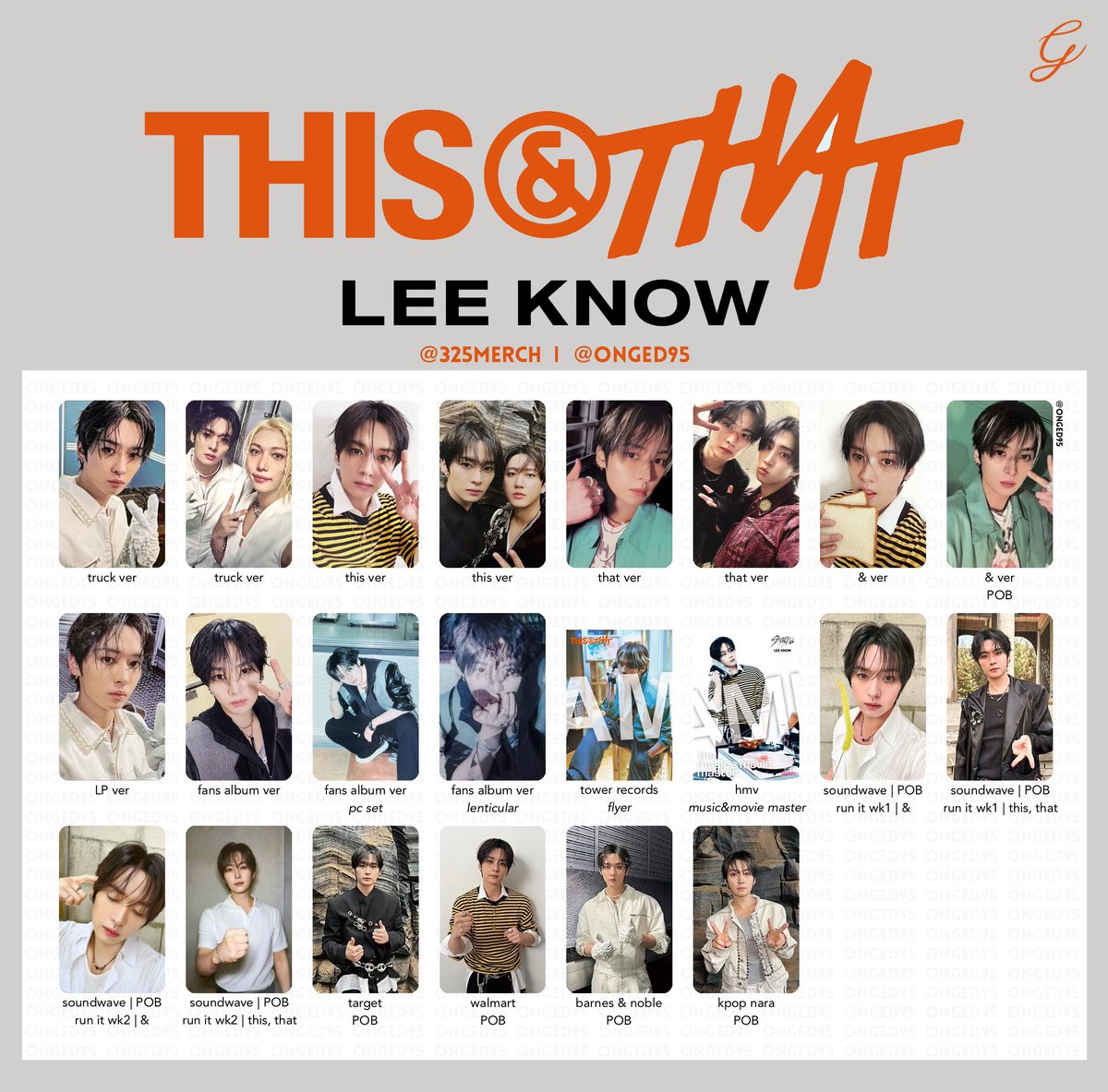 325merch's tweet photo. Stray Kids <THIS &amp; THAT> photocard list — individual 
스트레이키즈 스키즈 디스앤댓 특전 미공포 포카 리스트 

bang chan • lee know • changbin • hyunjin https://t.co/mwdaYbNxBO