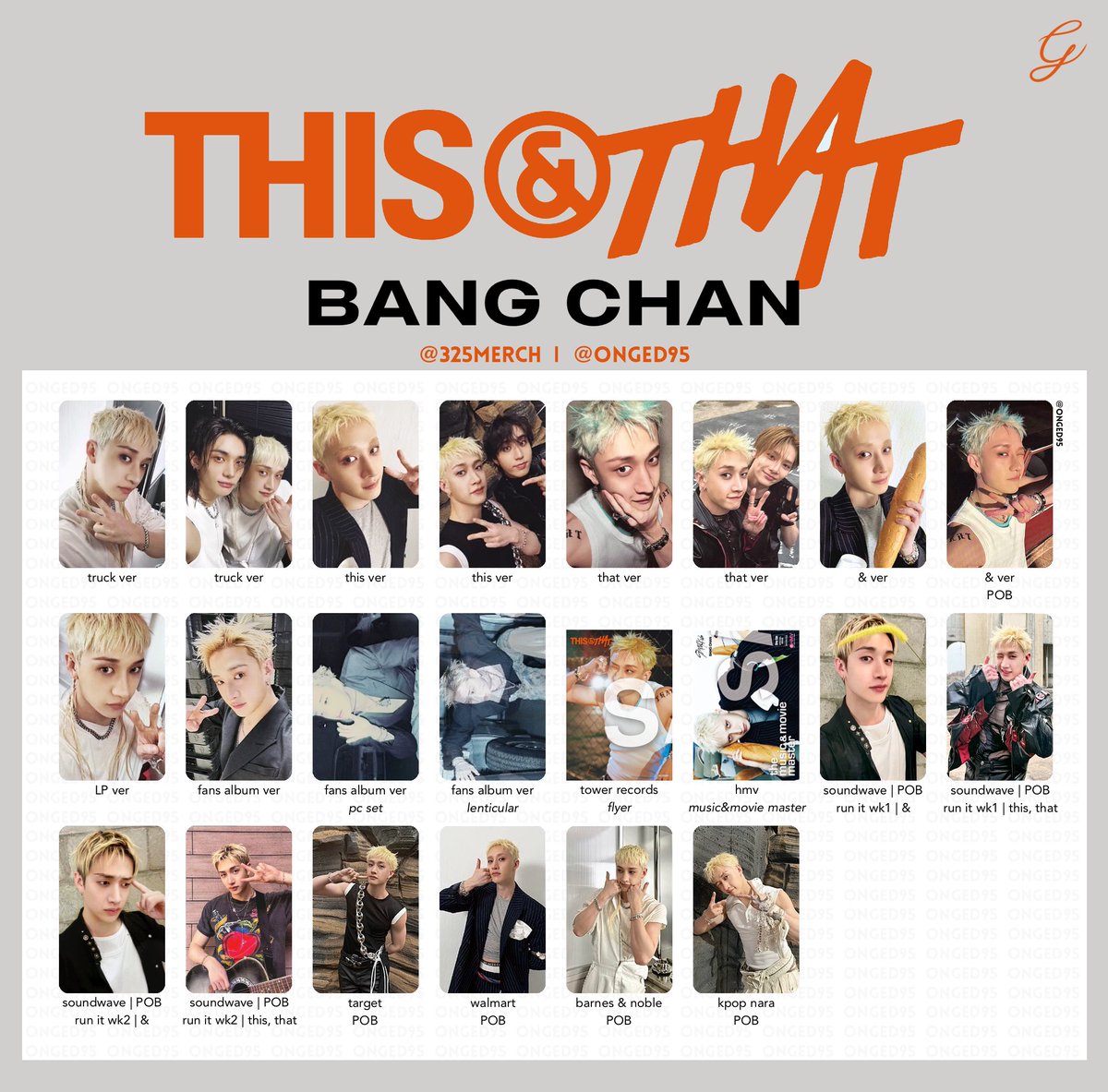 325merch's tweet photo. Stray Kids <THIS &amp; THAT> photocard list — individual 
스트레이키즈 스키즈 디스앤댓 특전 미공포 포카 리스트 

bang chan • lee know • changbin • hyunjin https://t.co/mwdaYbNxBO