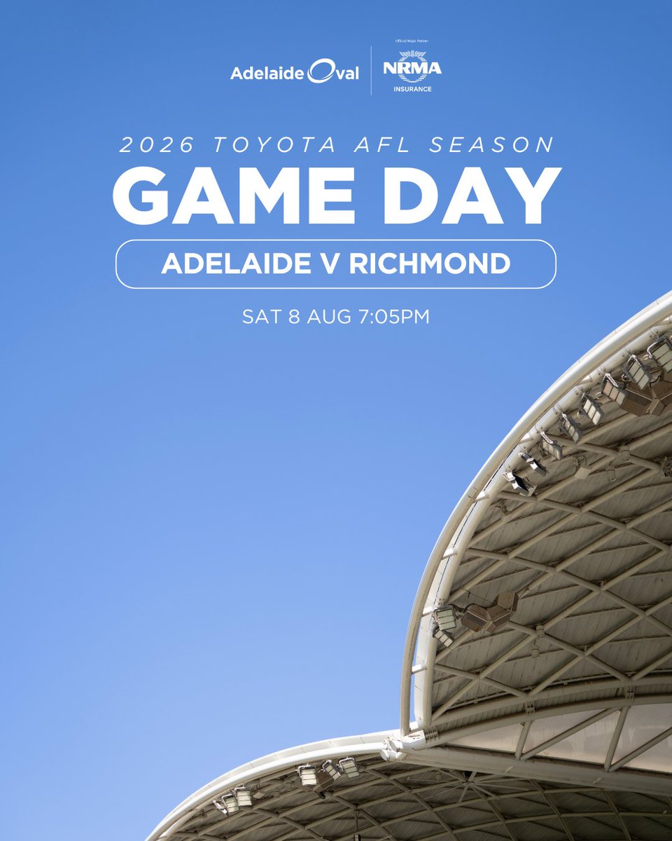 TheAdelaideOval's tweet photo. Adelaide return home seeking a Saturday night win over Richmond! 🏉

ℹ️ Find all your match info here and on our website.
🚗 Due to expected wet weather, please note there will likely be reduced public parking
🧃 Buy SA Week returns 1–9 August 2026! https://t.co/PYCTrDrZhf