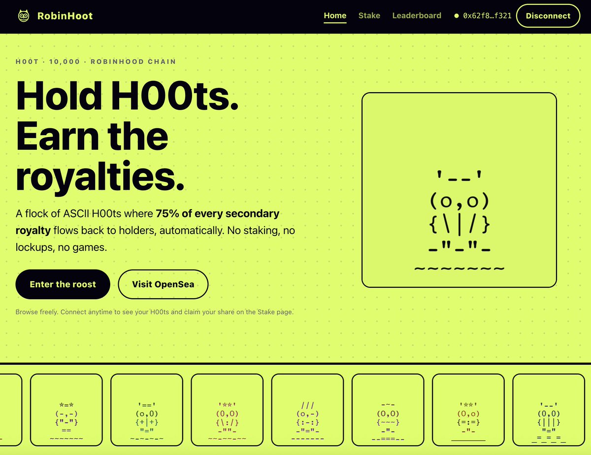 RobinH00ts's tweet photo. Website upgraded.🦉

🏠 Home → H00t details
⚡ Stake → Back to how it was
🏆 Leaderboard → Royalties, Claimed + Pool Share
🎨 Make Grid → Cleaner &amp; easier

We’re halfway to burning a 0.🔥

Link 👇
#H00t #RobinH00t https://t.co/pXvXLDO1nE
