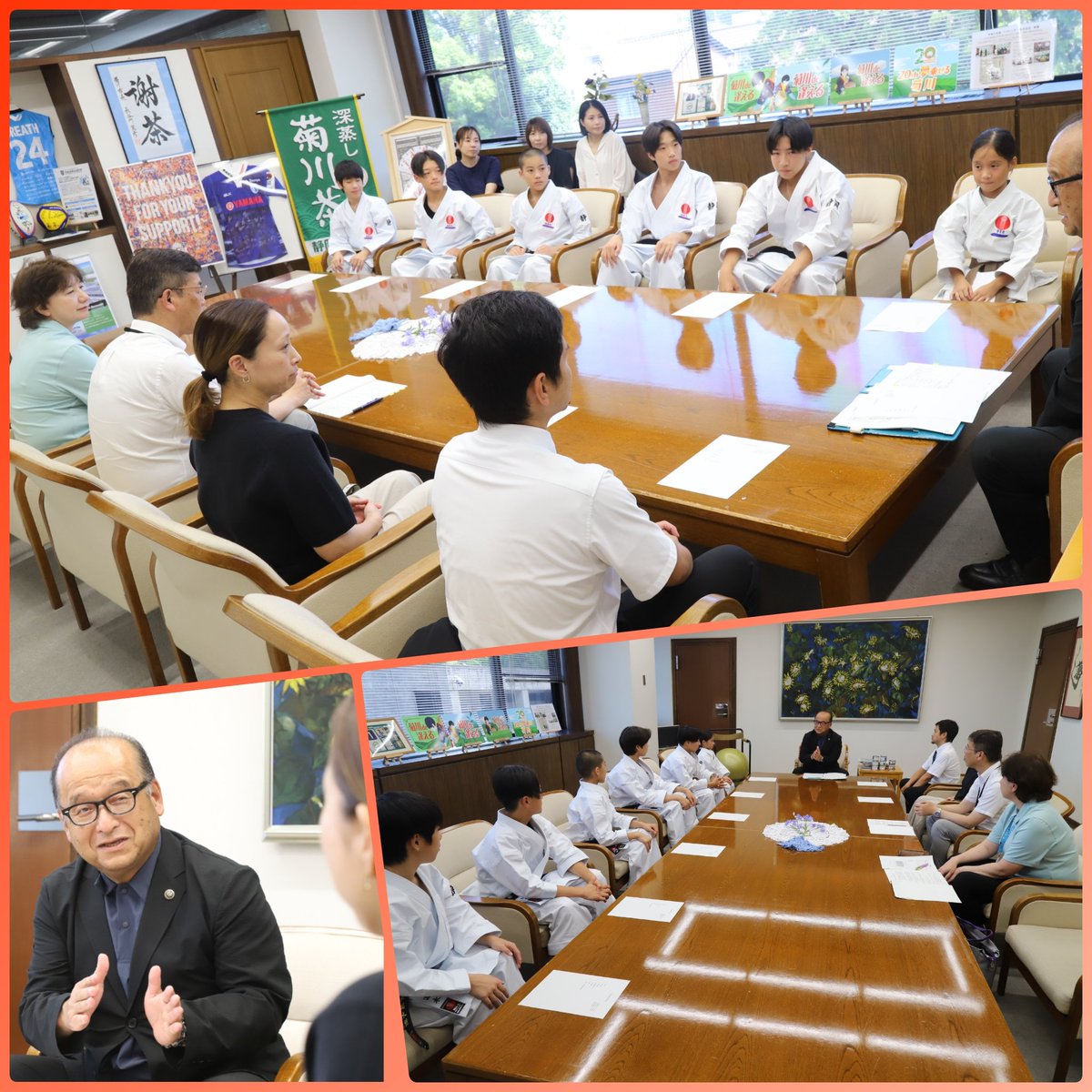 bobhase555's tweet photo. 【全国大会出場報告】
劉衛流塚本菊川龍鳳館の塚本凌羽選手と中学生男子団体の皆さんが、空手全国大会出場報告のため来庁。「菊川市の代表として練習の成果を出し切ってきてください」と激励。実際に形も披露いただき、その迫力に圧倒…。選手の皆さんの"夢叶う"ことを期待しています🍀 #菊川市 https://t.co/0SfoTZu0Ga