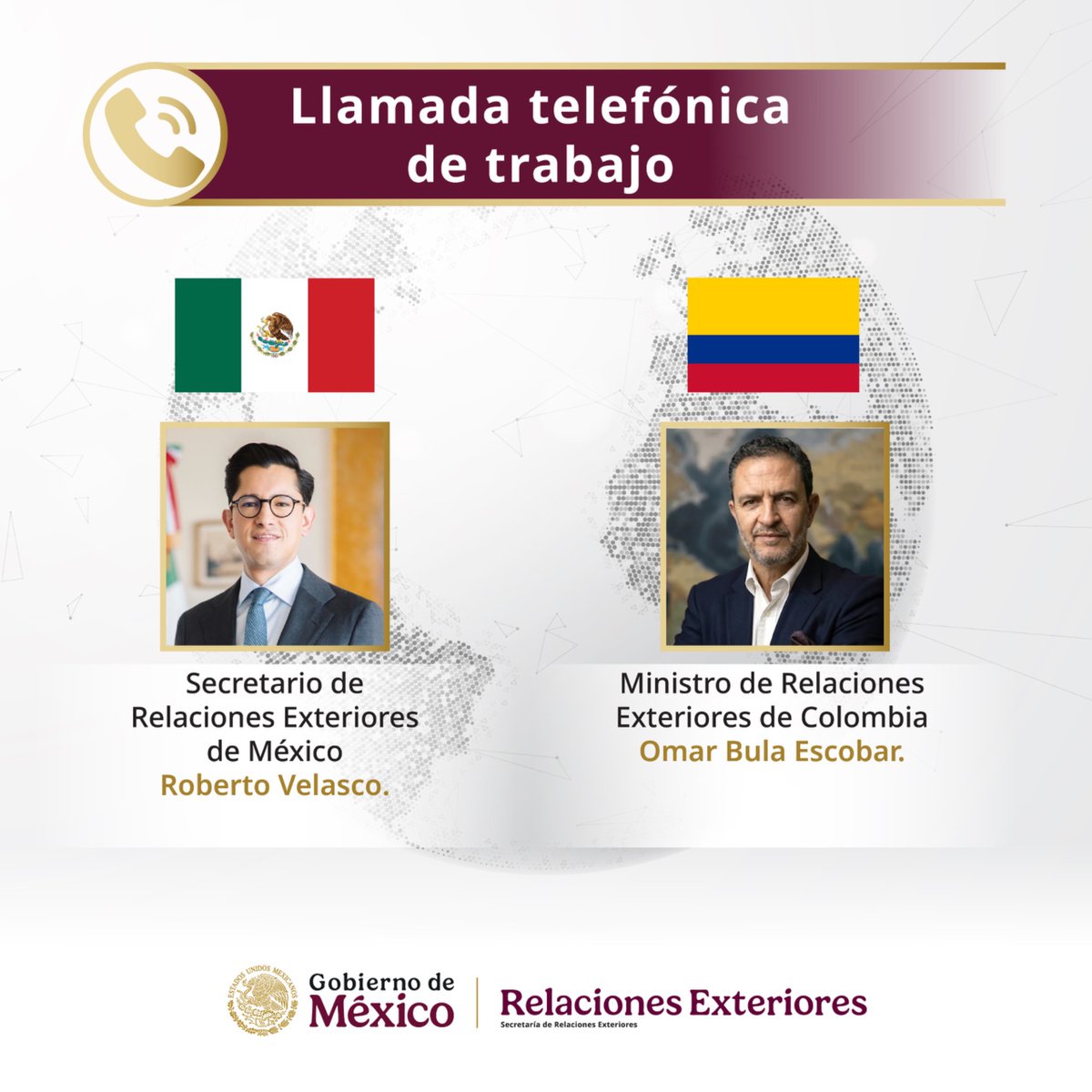SRE_mx's tweet photo. El secretario Roberto Velasco (@r_velascoa) sostuvo una llamada telefónica con el ministro de Relaciones Exteriores de @CancilleriaCol, Omar Bula Escobar, a quien le extendió sus buenos deseos al frente de la diplomacia colombiana.

El titular de la @SRE_mx aseguró que México mantendrá una buena relación de amistad y cooperación con Colombia, basada en nuestros principios de respeto a la soberanía y la no intervención.

🇲🇽🇨🇴