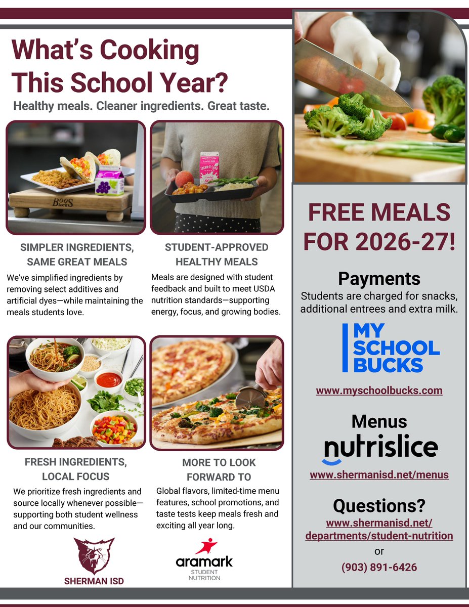 ShermanISD's tweet photo. 👀 What’s cooking? And what’s NOT on the menu? A new Texas law removes certain additives, preservatives and artificial dyes from school meals this year. 🚫 It means healthy meals with simpler ingredients and the same great taste. 🍎🍽️ https://t.co/D8ZXnR4UA4